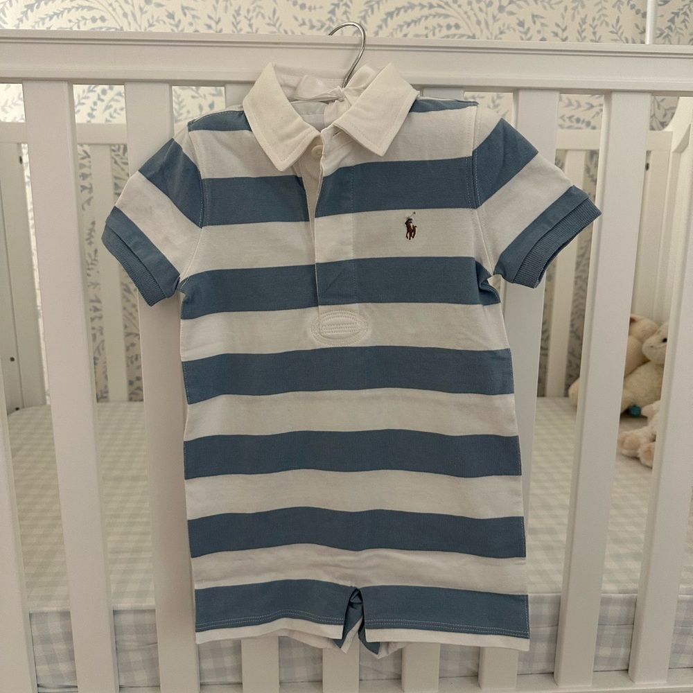 NWT never worn Ralph Lauren Polo striped cotton rugby shortall, size 24 months